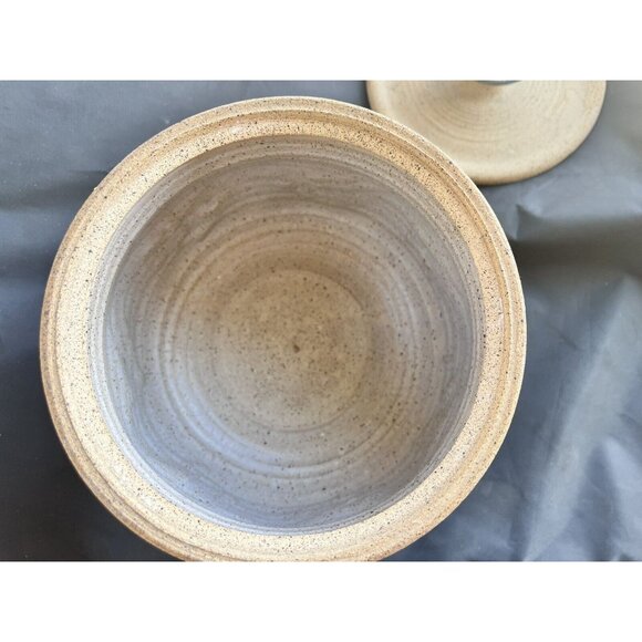 Sign Davis Art Pottery Jar w Lid Sandstone Glaze Stoneware Hand Thrown Blue Tan - Picture 5 of 11